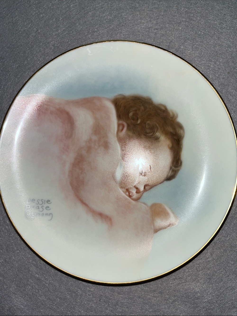 Bessie Pease Pink and Blue Decorative Baby Portrait Plate with Gold Trim